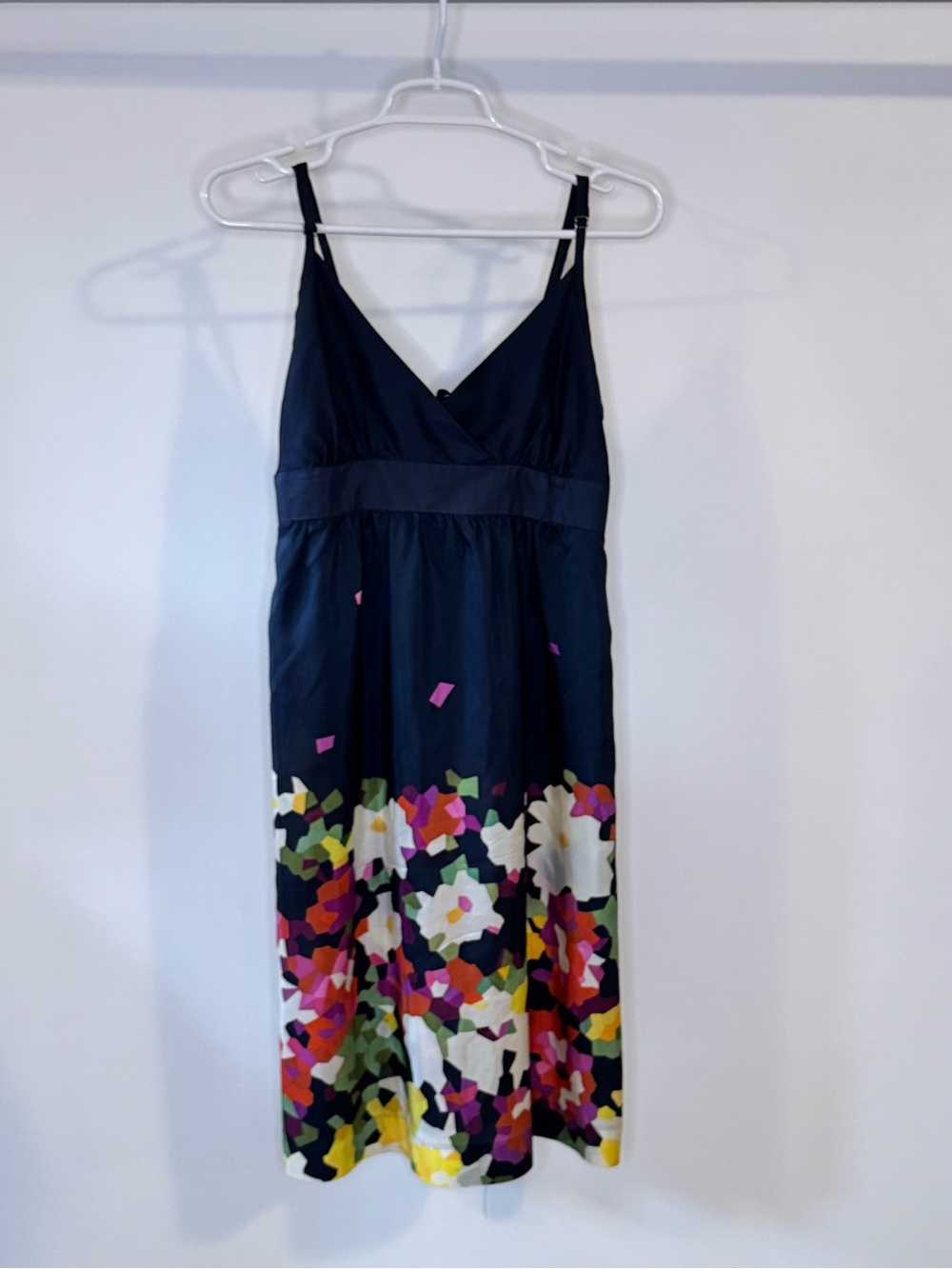 THEORY 100% Silk Navy Midi Dress with Multicolor Floral Border